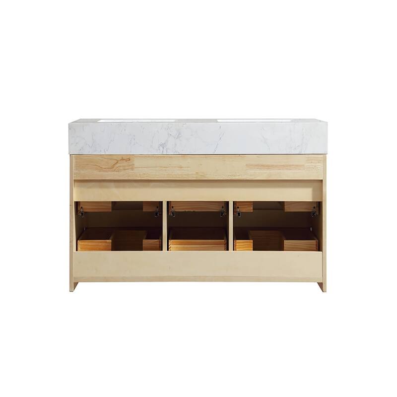 48 in./ 60 in. Solid Wood Wall-Mounted Bathroom Vanity Set in Maple with Engineered Stone Top and Ceramic Sink