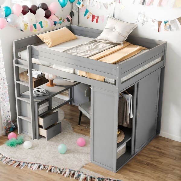 slide 2 of 35, Full Size Loft Bed With Wardrobes And 2-Drawer Desk With Cabinet for Home Grey