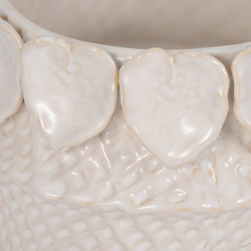 Stoneware Planter with Sculpted Leaf Accents and Textured Detailing