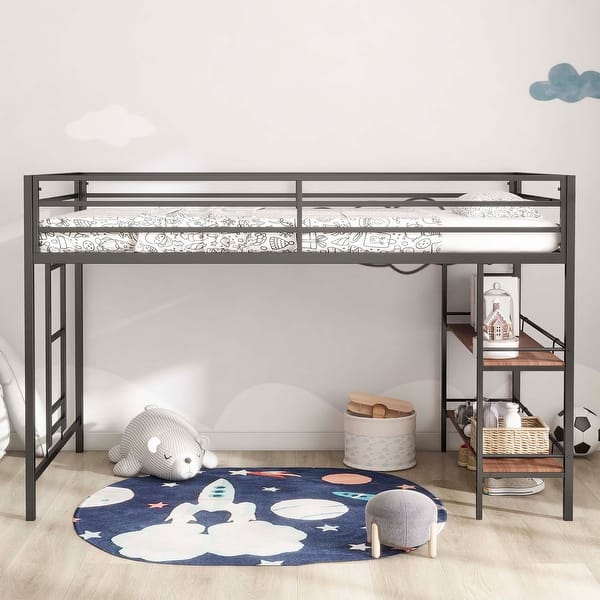slide 2 of 18, twin loft bunk black with Cinnamon wood shelf