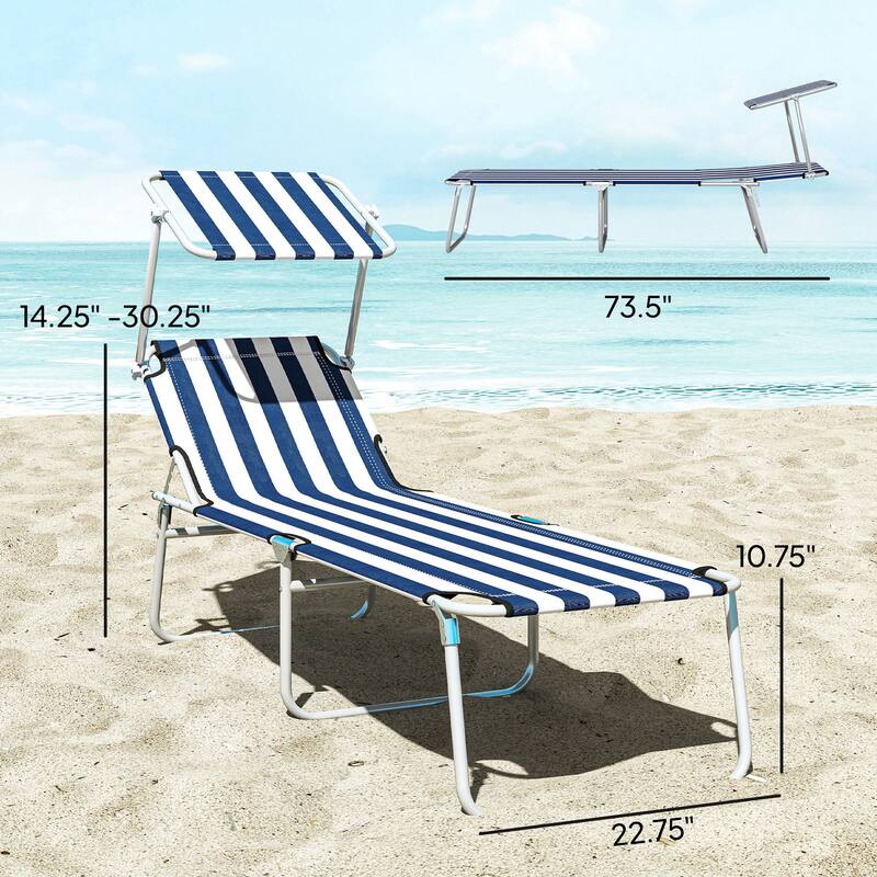 Outsunny Outdoor Lounge Chair, Adjustable Folding Chaise Lounge, Tanning Chair with Sun Shade for Beach, Camping, Hiking