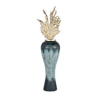 43" Large Glass Vase Creative Teal and Black Vase with Gold Flame Topper Contemporary Stoneware for Home or Office