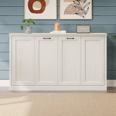 White Twin Size Murphy Bed Convertible Horizontal Cabinet Space Saving Platform Bed Folding into Hideaway Wall Bed, Bookcase Bed