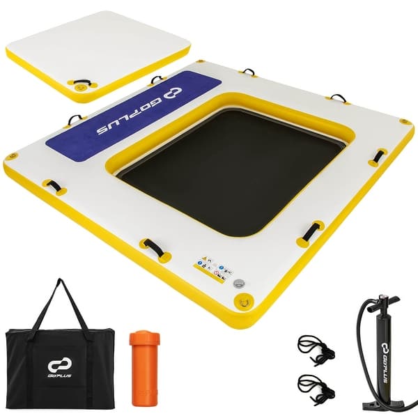 slide 2 of 10, Costway 8 ft x 8 ft Inflatable Floating Dock with Mesh Swim Lounge - See Details White & Yellow - See Details