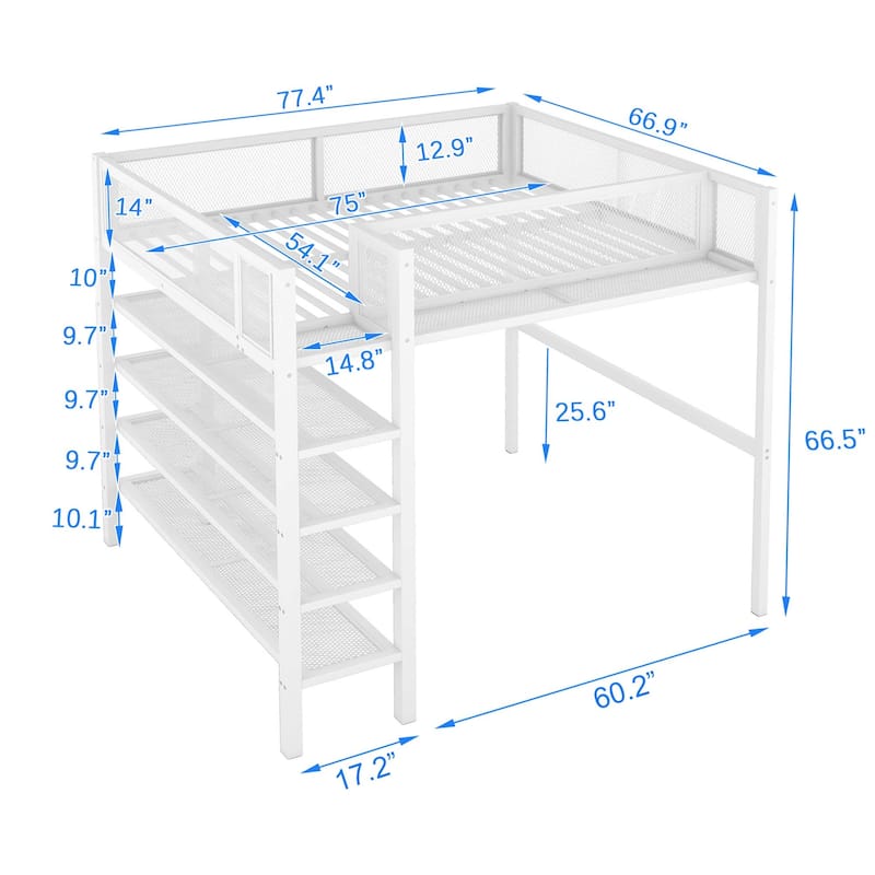 Metal Loft Bed with 4-Tier Shelves and Storage