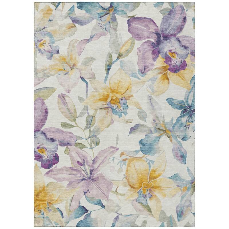 Machine Washable Indoor/ Outdoor Modern Floral Chantille Rug