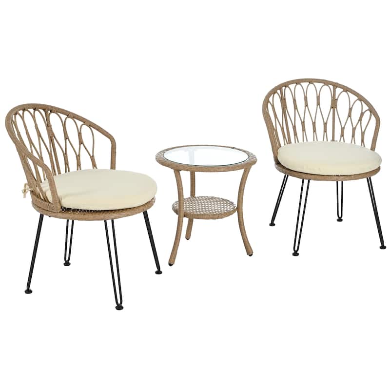 3 Pieces Rattan Bistro Set with A Glass Round Table for Patio