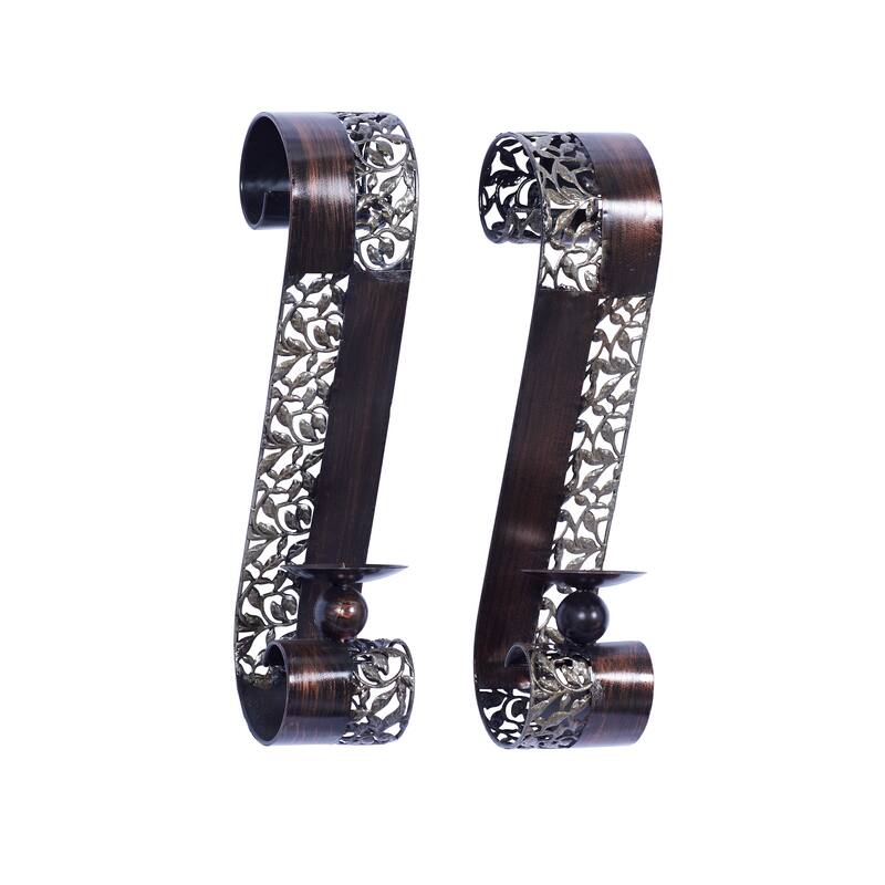 Brown Metal Cutout Leaf Wall Sconce with Scrolled Edges (Set of 2) - S/2 21"H, 4"W