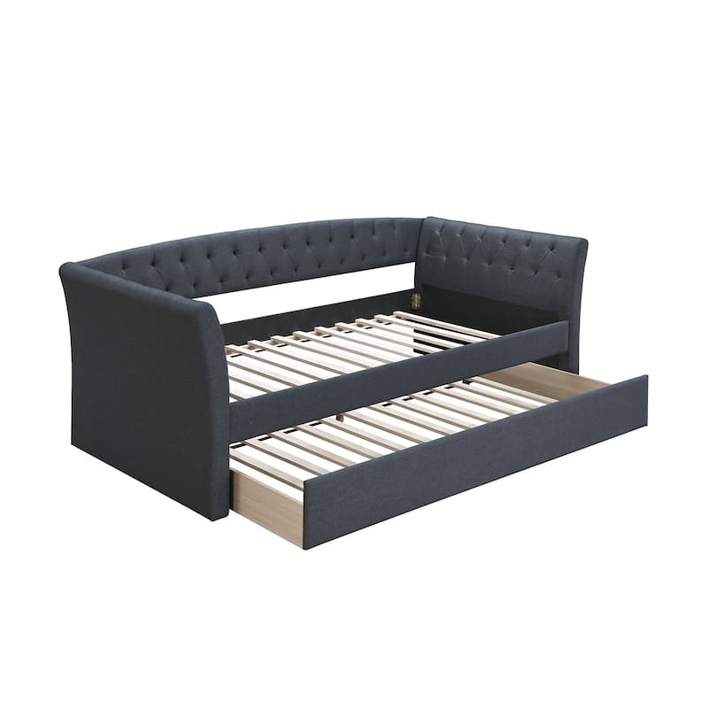 Burlap Upholstered Day Bed With Trundle