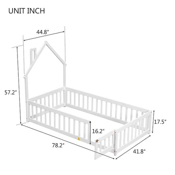 Twin Size Montessori Floor Bed with Fence and Door, House-Shaped Headboard Floor Bed, Wooden Twin Kids Bed Frame for Boys Girls