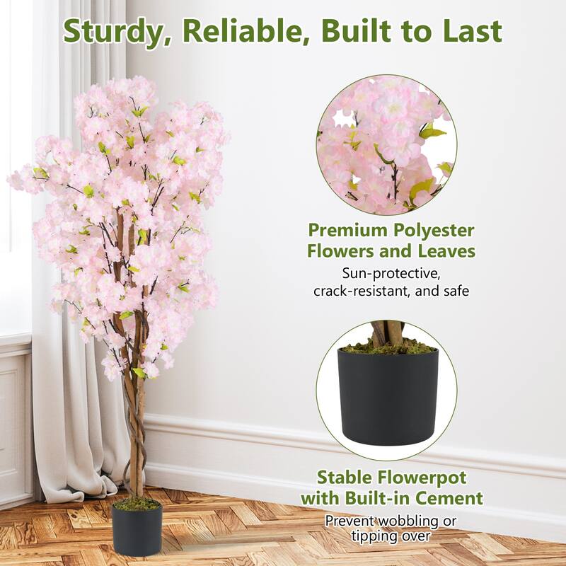 Gymax 2PCS 5 FT Tall Artificial Cherry Blossom Tree Faux Flower Plant