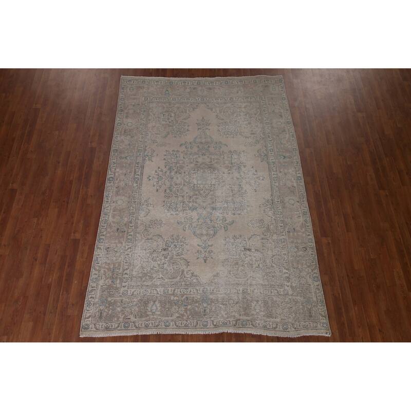 Distressed Tabriz Persian Vintage Rug Living Room Handmade Wool Carpet - 6'4" x 9'1"