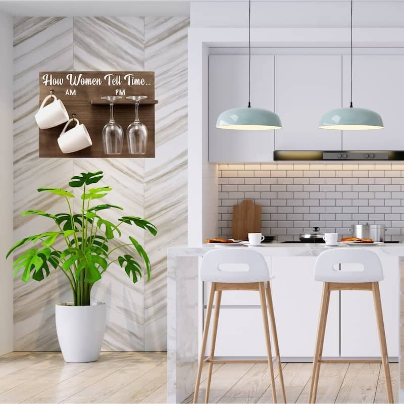 "How Woman Tell Time" Wall Mounted Wine Rack - Unique Funny Gift for Her - 2 Wine Glasses and 2 Coffee mugs Included