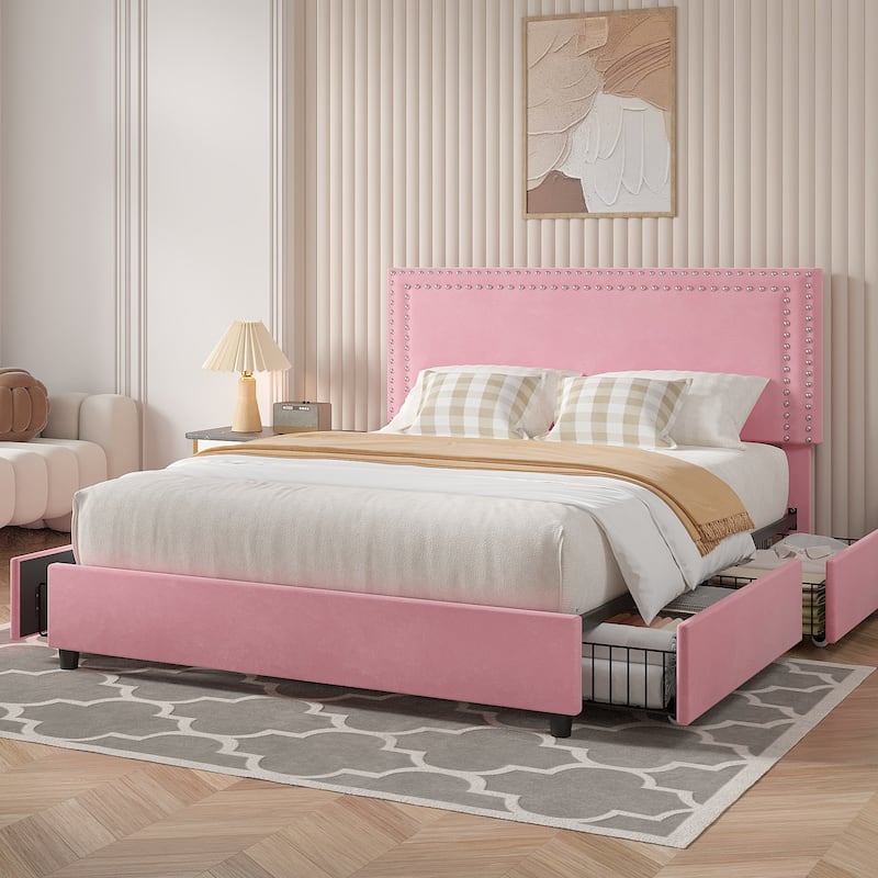 VECELO Upholstered Storage Bed Frames with 4 Storage Drawers Platform Bed Frame with Adjustable Velvet Rivets Headboard