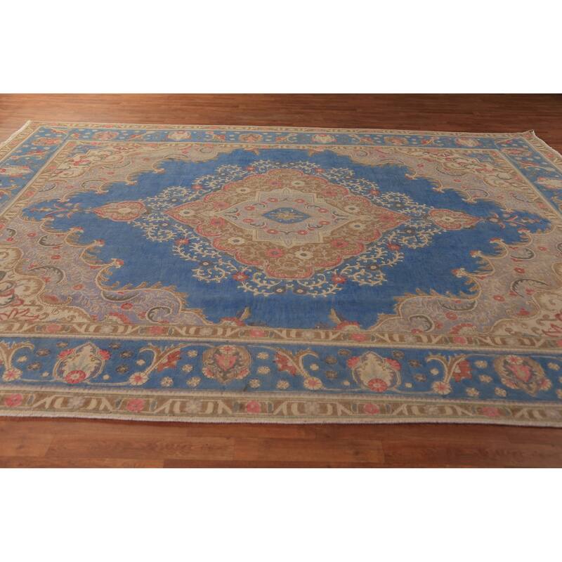 Blue Traditional Tabriz Persian Rug Hand-Knotted Wool Carpet - 9'4"x 12'7"