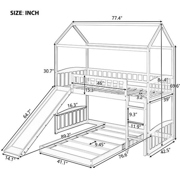 Multifunctional Twin Over Twin Bunk Bed with Slide, Solid pine legs and