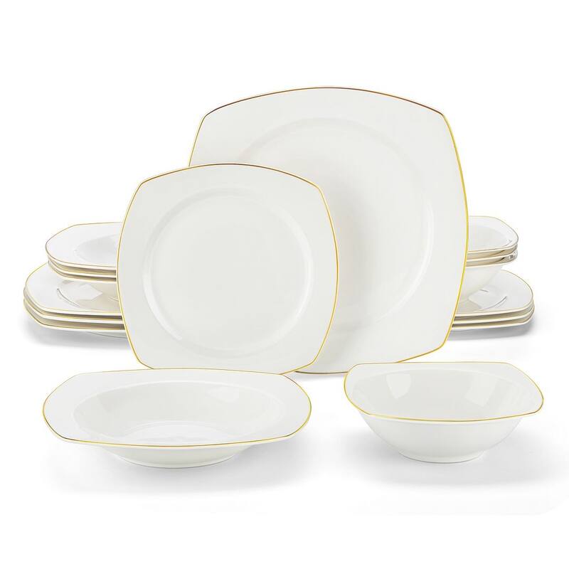 MALACASA 16-Piece New Bone China Dinnerware Set, Service for 4 - Squircle - Gold Trim