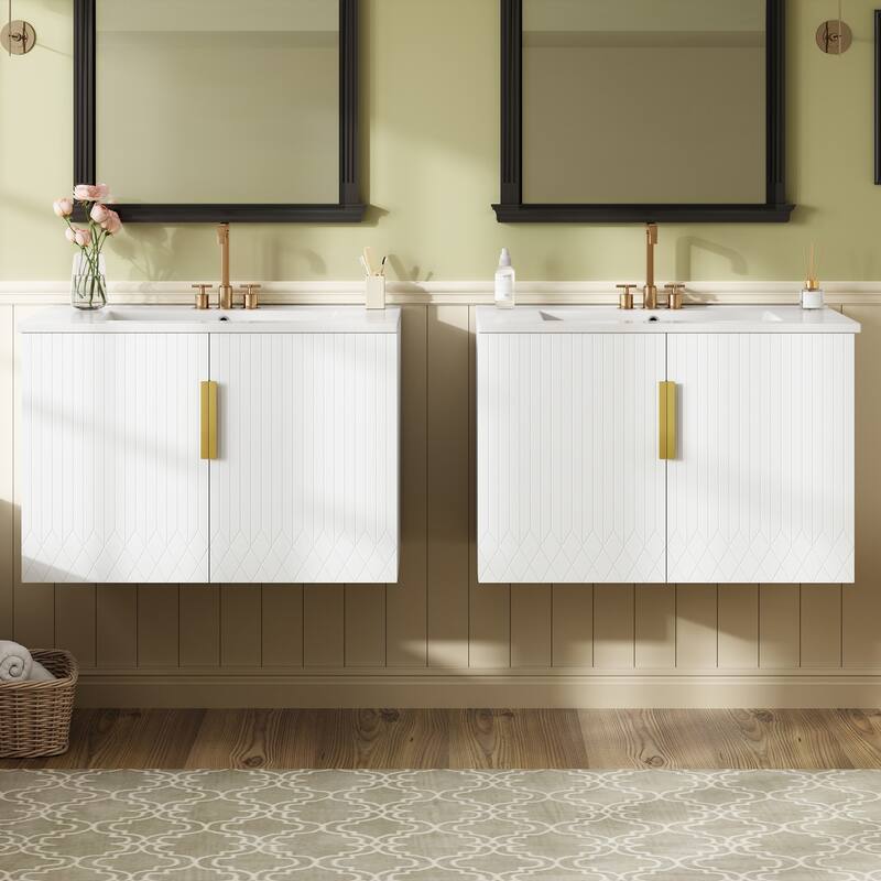 60"Bathroom Vanity with Ceramic Sink,with 3 Holes Single Ceramic Sink,Bathroom Storage Vanity Cabinet with 2 Soft Closing Doors - White