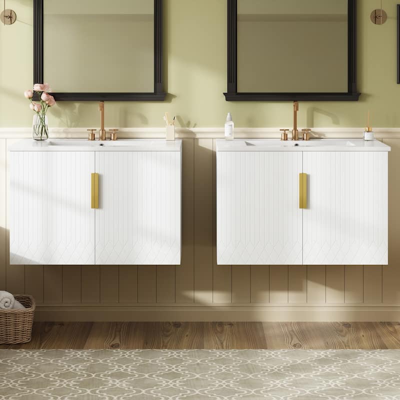 60"Vanity With Ceramic Sink,With 3 Holes Single Ceramic Sink,Storage Vanity Cabinet With 2 Soft Closing Doors - White