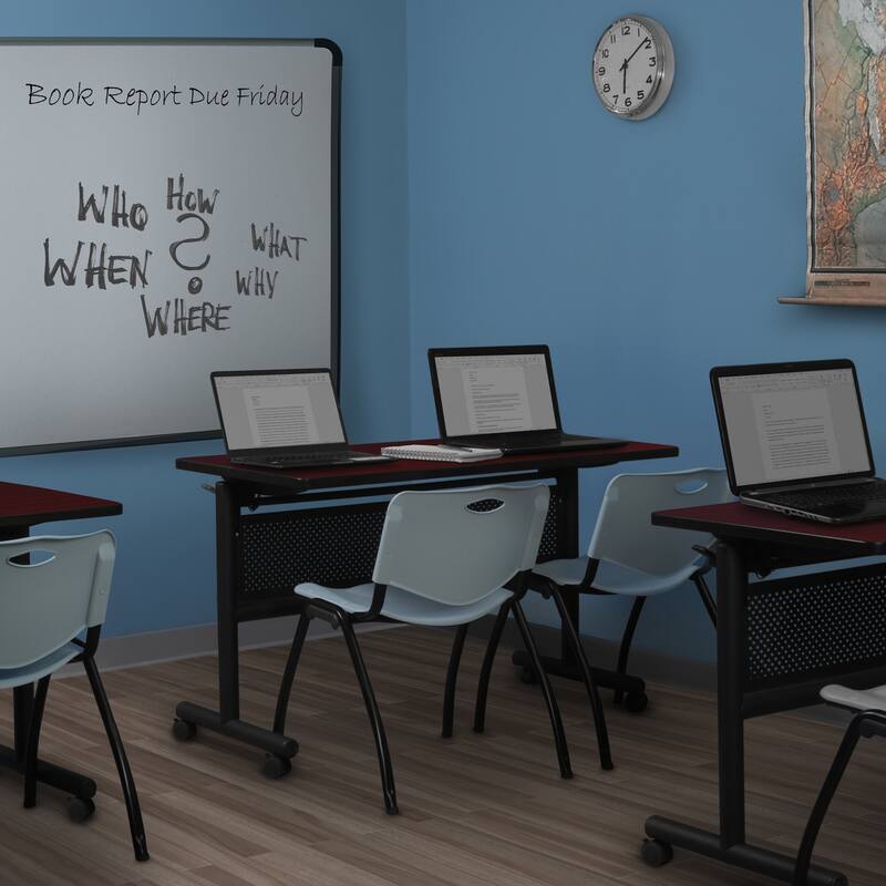 48" x 30" Flip Top Mobile Training Table with Modesty Panel- Mahogany and 2 "M" Stack Chairs- Grey