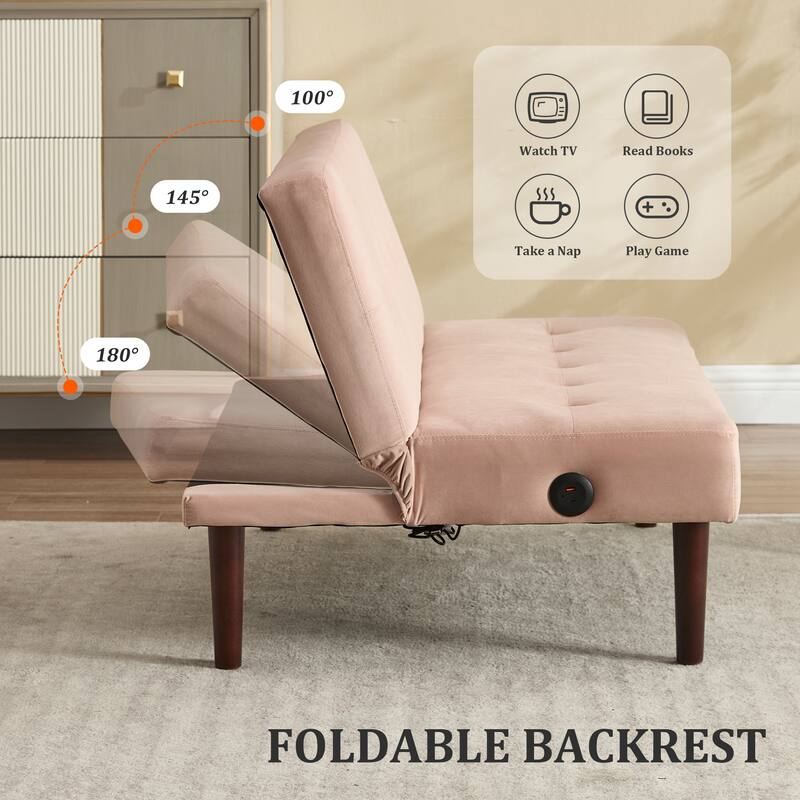 Roomfitters Foldable Flannel Sofa Bed, Adjustable Recliner Futon with Charging Port for Living Room, Bedroom or Office