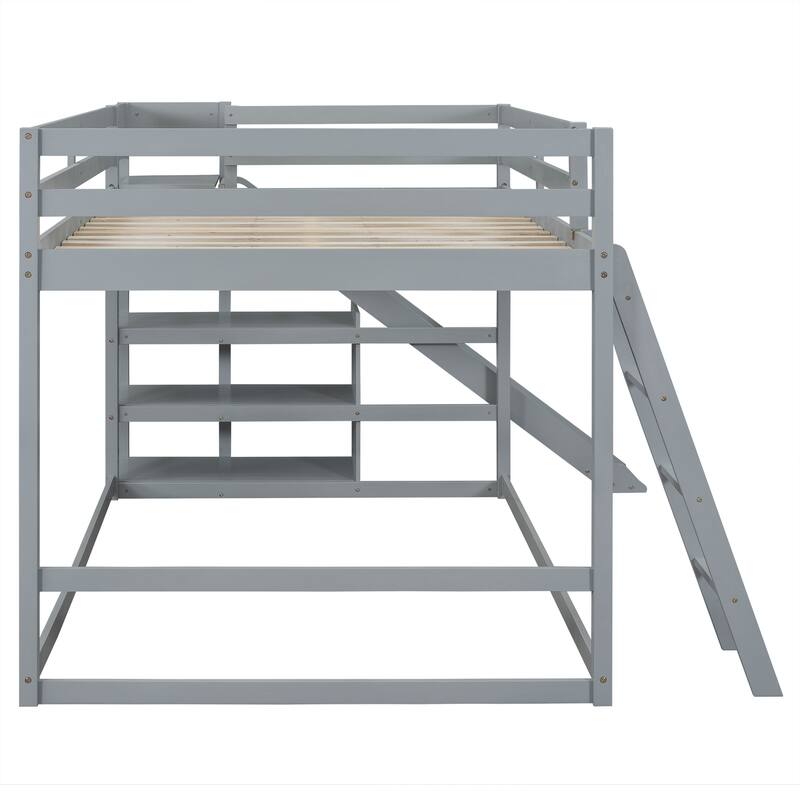 Full Over Full Bunk Bed with Ladder, Slide, and Shelves in Gray