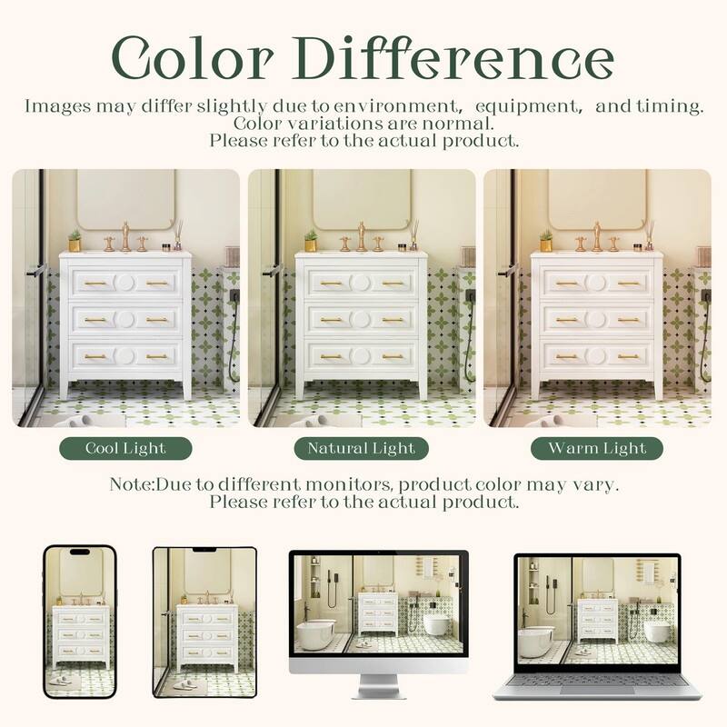 30'' Free Standing Bathroom Vanity Set with Ceramic Sink, 3 Drawers & Solid Wood Frame