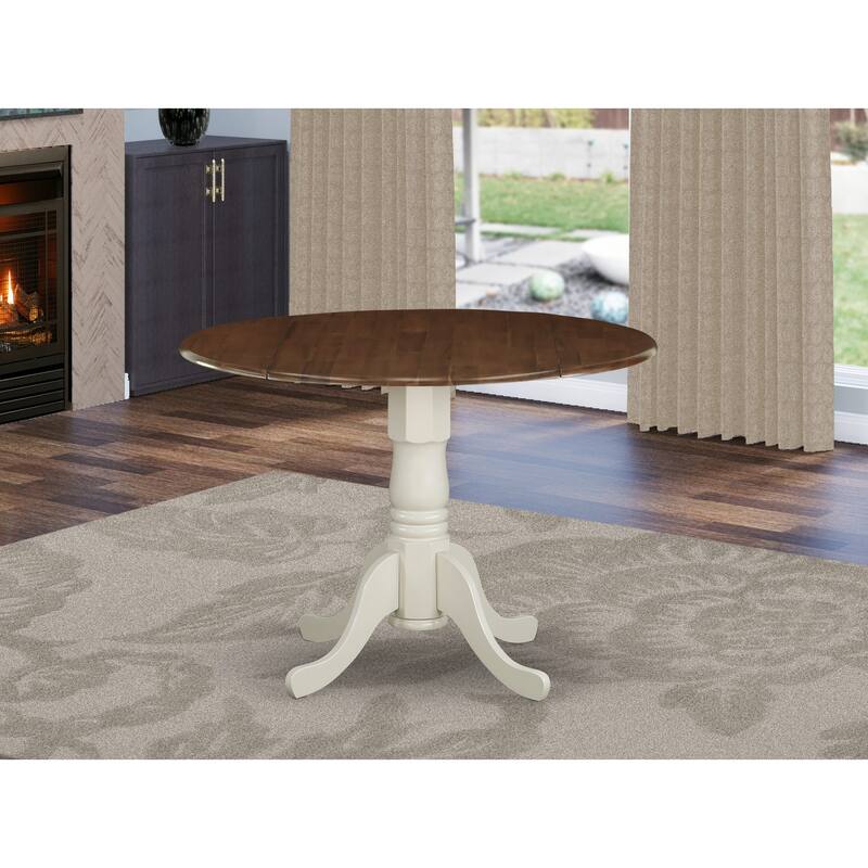 East West Furniture Dublin Modern Kitchen Table - a Round Dining Table Top with Dropleaf & Pedestal Base, Walnut & Linen White - DMT-WLW-TP
