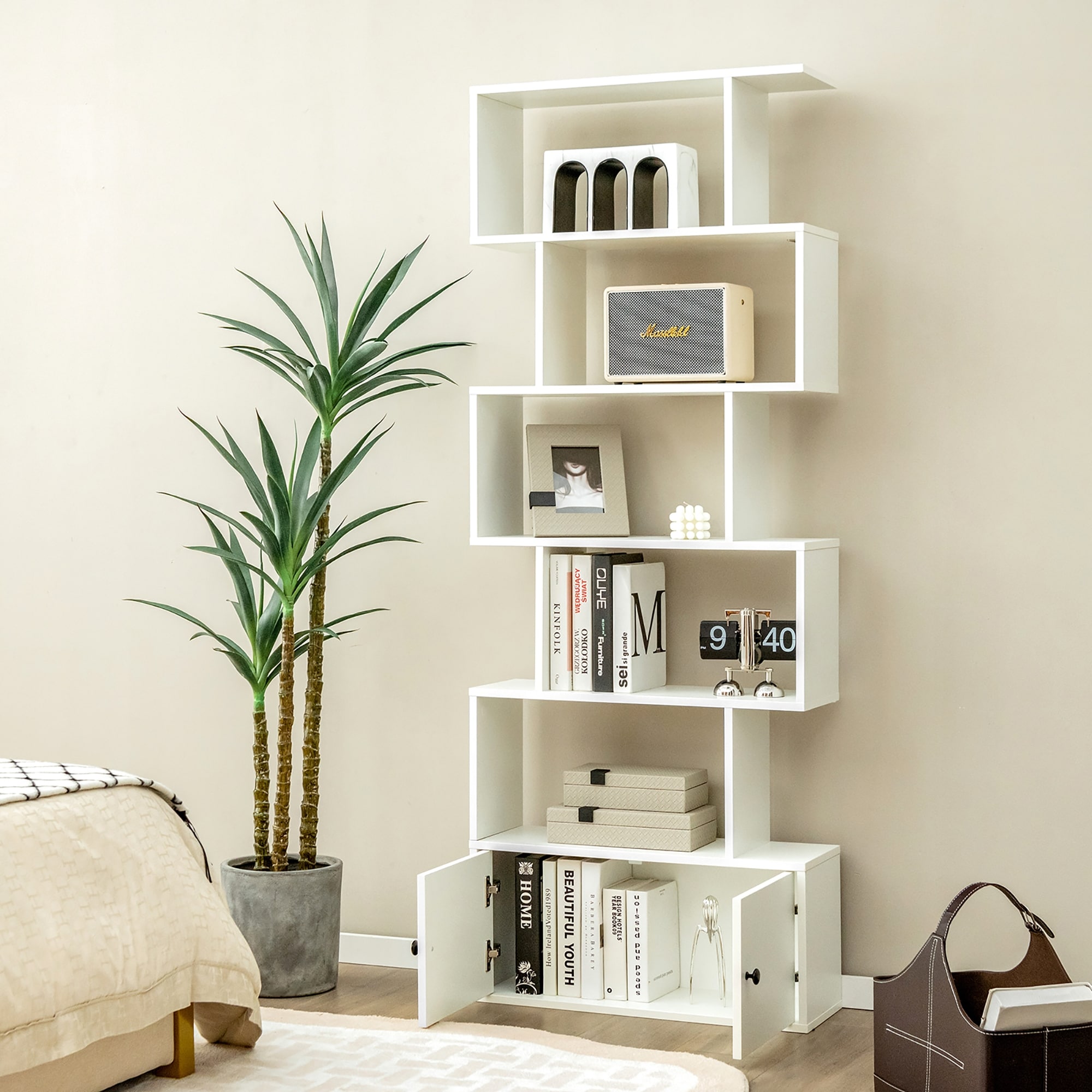 6-Tier S-Shaped Bookshelf Rustic Brown/White Storage Rack