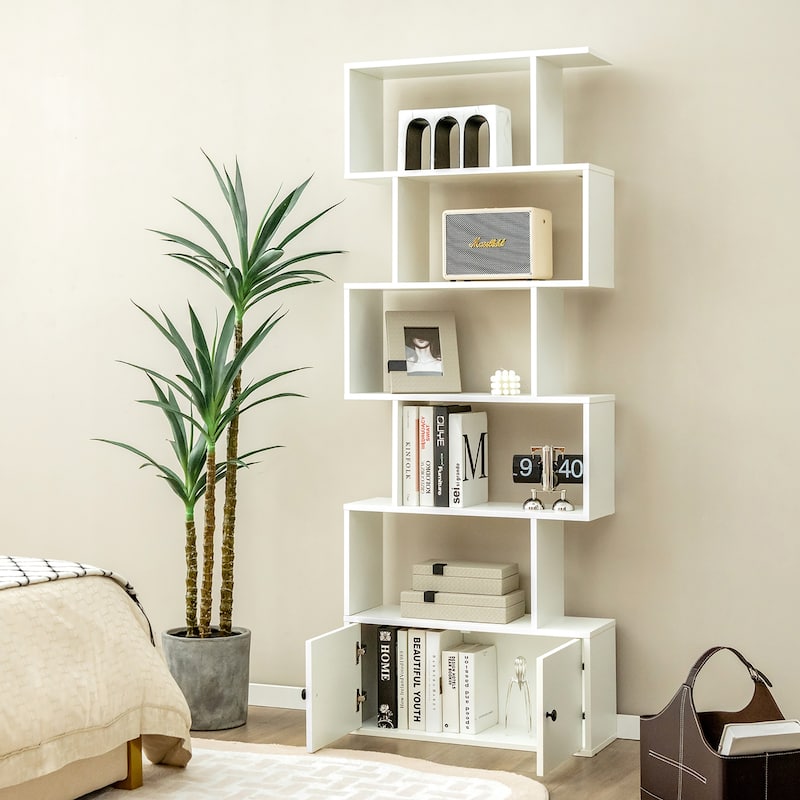 6-Tier Bookshelf S-Shaped Bookcase Storage Rack Rustic Brown/White