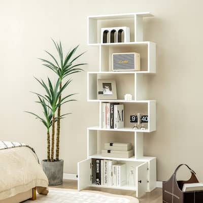 6-Tier Bookshelf S-Shaped Bookcase Storage Rack Rustic Brown/White