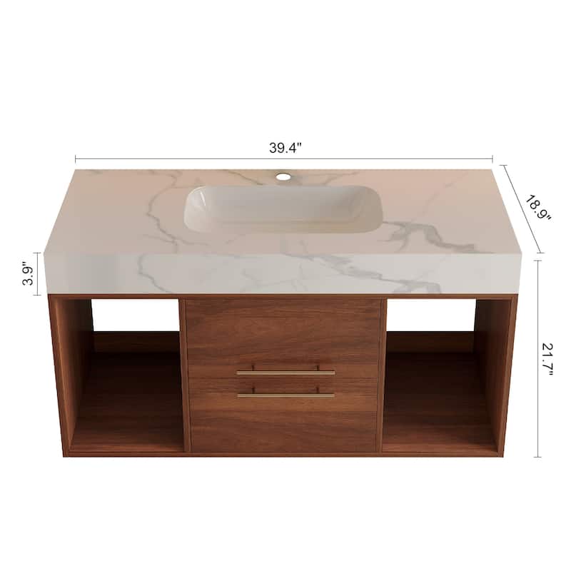 39.4" Floating Bathroom Vanity with Ceramic sink,Wall Mounted Vanity 2 Soft Close Drawer and white slate top