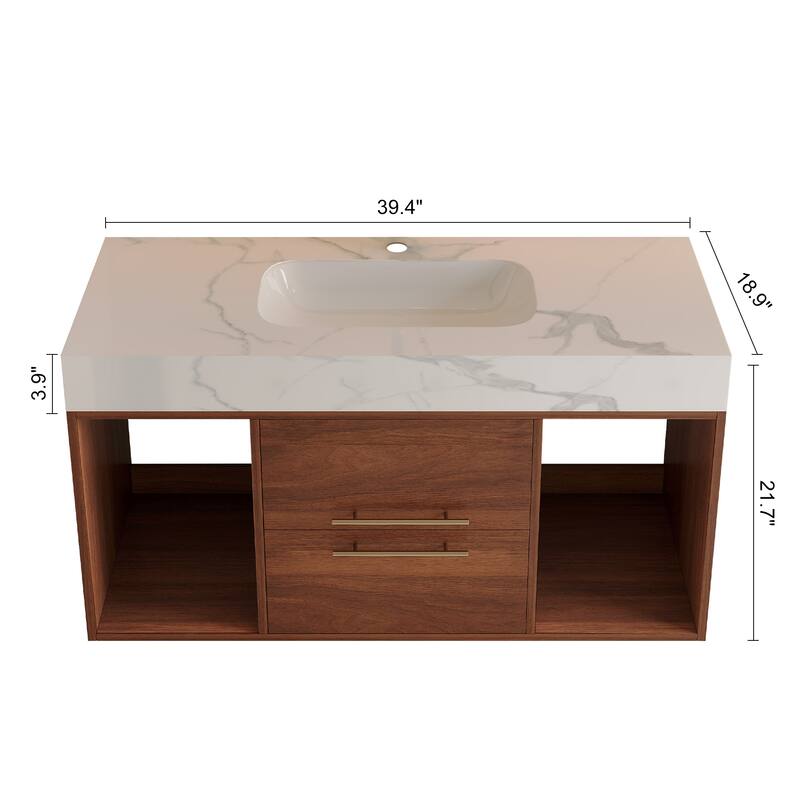 Modern Wall Mounted Bathroom Vanity Floating Storage Cabinet with Ceramic Sink, Faux Marble Countertop, Drawers and Open Shelves