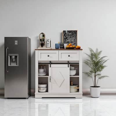 39" Barn Door Buffet Cabinet with Drawers, Coffee Bar Sideboard Storage Cabinet in White and Walnut for Dining Room