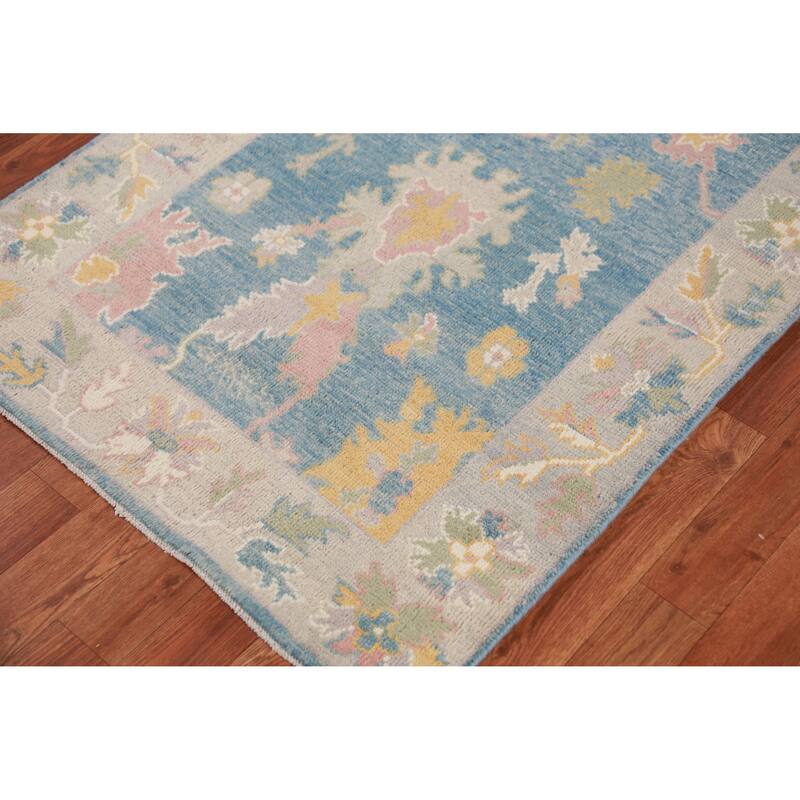 Hand Knotted Oriental 100% Wool Carpet Transitional Floral Navy Blue & Blues Oushak Runner Rug - 11' 7'' X 2' 10''
