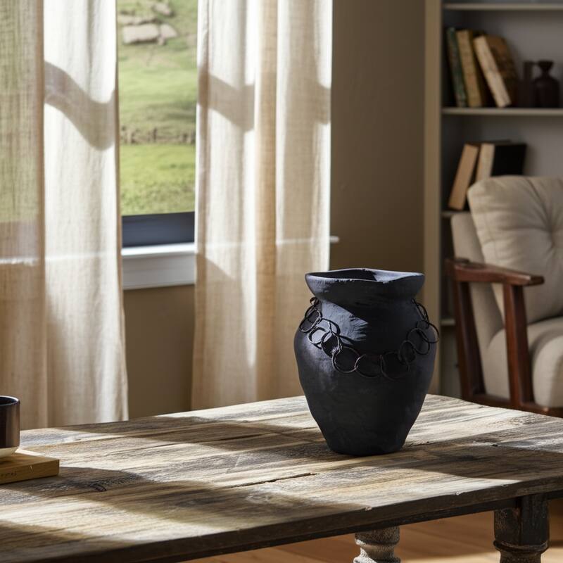 Pottery Terracotta Vase with Ring Accent Detail Modern Display Piece