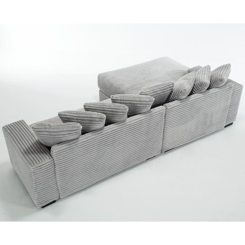Gray 111" Corduroy Upholstered L-Shaped Sectional Sofa with Oversized Left Chaise Longue and 8 Throw Pillows