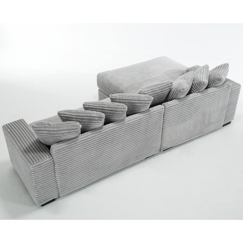 Oversized Two-Piece L Shaped Corduroy Sofa with Left Chaise Daybed, Eight Throw Pillows, Gray