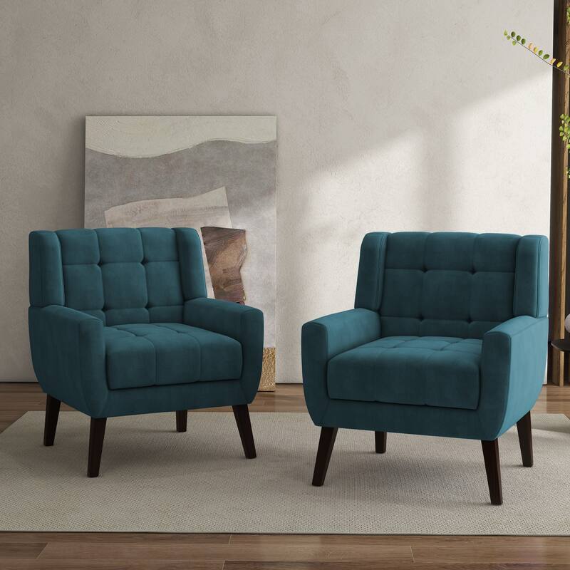 Tufted Wingback Accent Chairs Linen/Faux Leather/Velvet Armchairs Set of 2