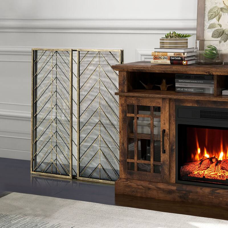 Gymax 3-Panel Fireplace Screen Foldable Wrought Metal Iron Mesh Fire