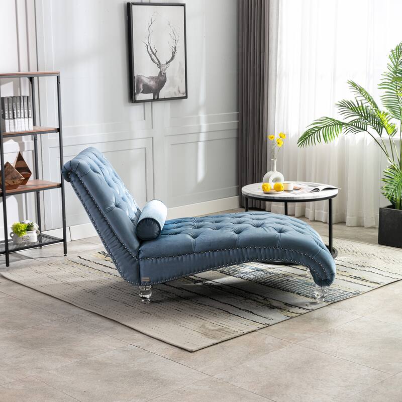 Light Blue 63.98" Buttons Tufted Chaise Lounge Chair with Pillow