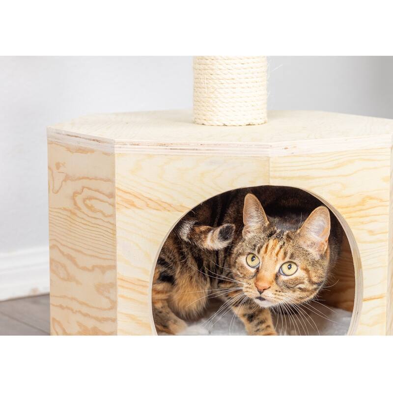 Real Wood Premium Scots Pine 54-Inch Cat Tree with Three Levels, Perch, Condo - Natural Beige