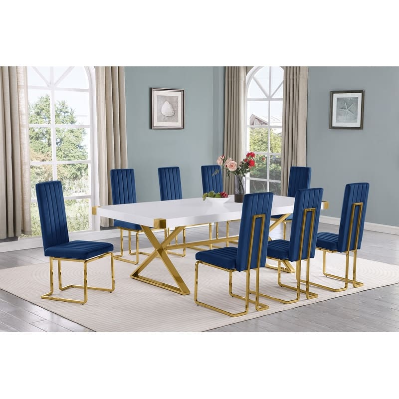 Best Quality Furniture D442/3-SC340-7 Dining Set with 94" White Lacquer Wood Top - 9-Piece - Navy Blue / Gold