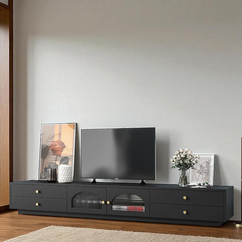 87 Inch Modern TV Stand with Fluted Glass Doors, Media Console with Tempered Glass Shelf and 4 Drawers for TVs Up to 95 Inch