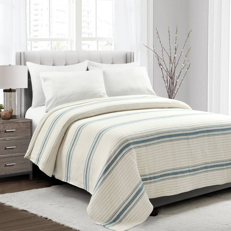 Lush Decor Farmhouse Stripe Kantha Pick Stitch Yarn Dyed Cotton Woven Quilt/Coverlet