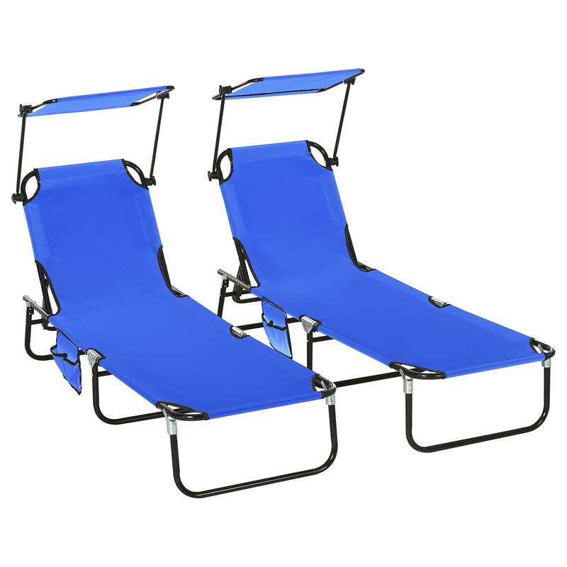 Outdoor Folding Pool Lounge Chairs & Beach Chairs with Canopy Shade, Reclining Back and Side Pocket, Set of 2