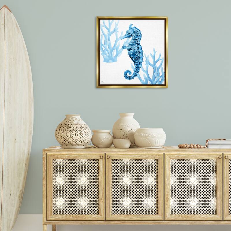 Stupell Blue Tone Seahorse & Coral Framed Floater Canvas Wall Art Design By Cat Thurman Designs