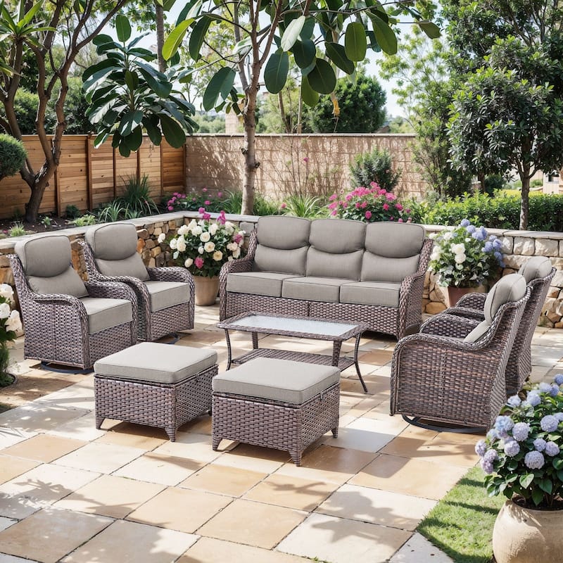 Outdoor Patio Sofa Swivel Chair with 6-Inch Thick Cushions Set - Brwon Wicker Grey Cushion - 8PCS Sofa Swivel Chair w/ Table Ottoman