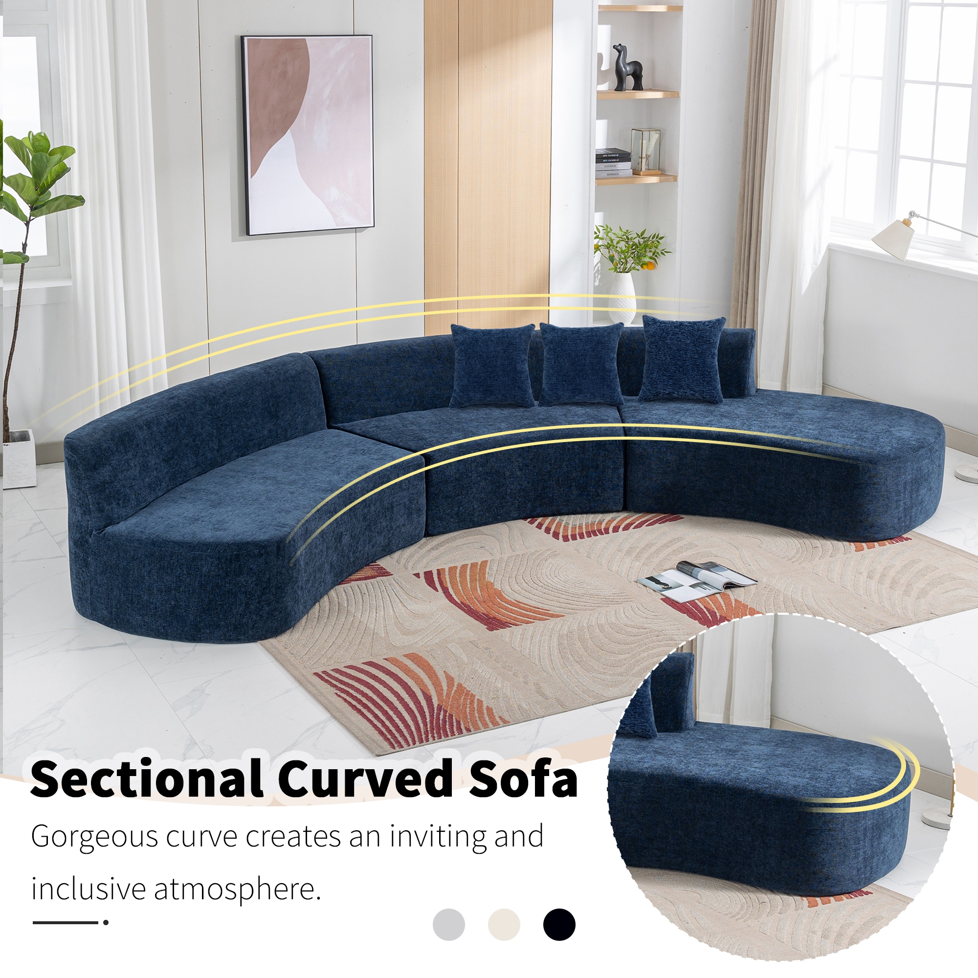 136.6 Luxury And Elegance Chenille Fabric Curved Sectional Sofa Couch With Three Throw Pillows Beige