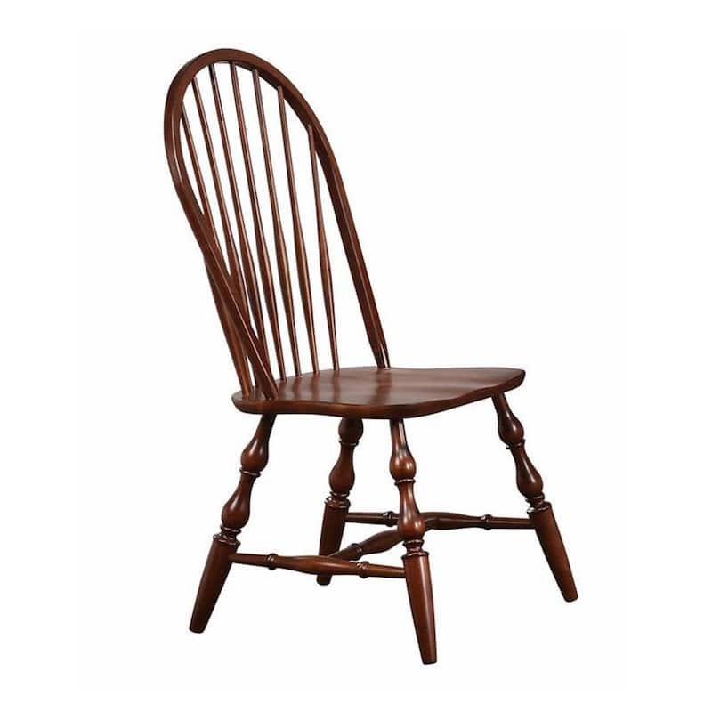 set of 2 chestnut brown curved spindle back wooden dining chairs 41"
